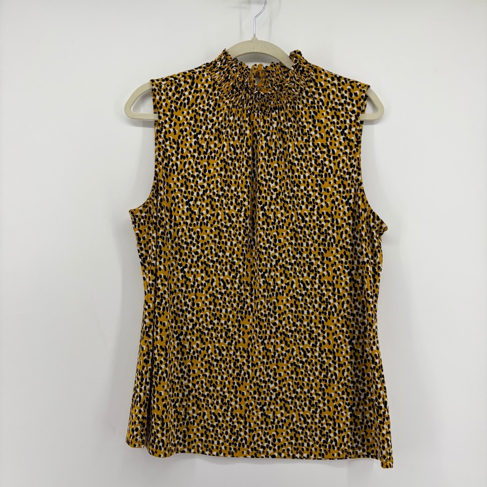 Adrianna Papell Womens L Yellow Animal Print Blouse Smocked High Neck Sleeveless